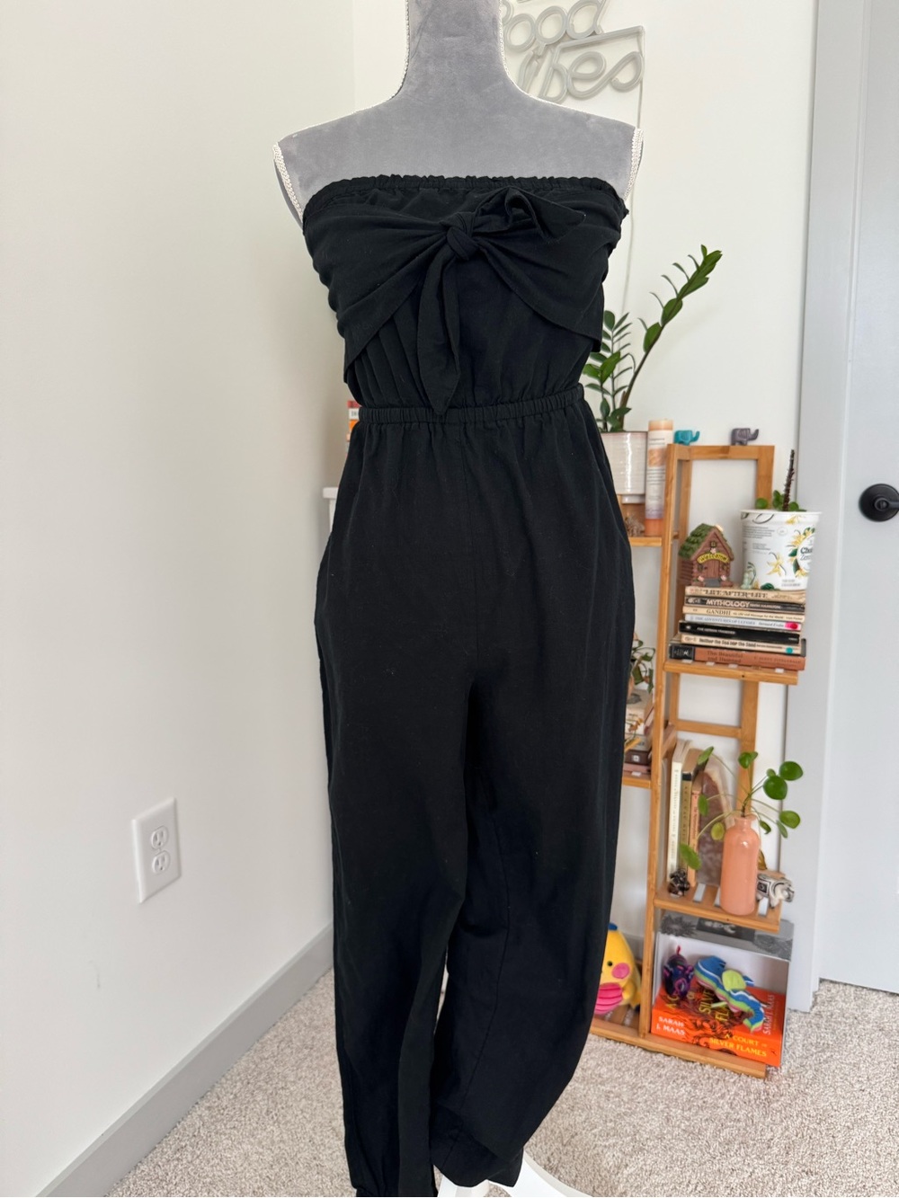 aerie Black Strapless Tie-Front Jumpsuit